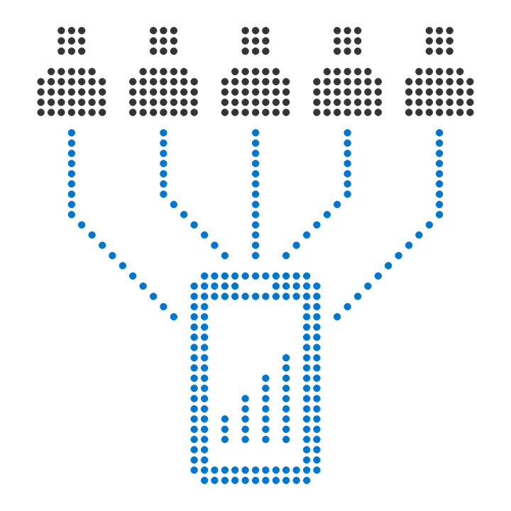 Five people connected by lines to one phone, drawn in dots